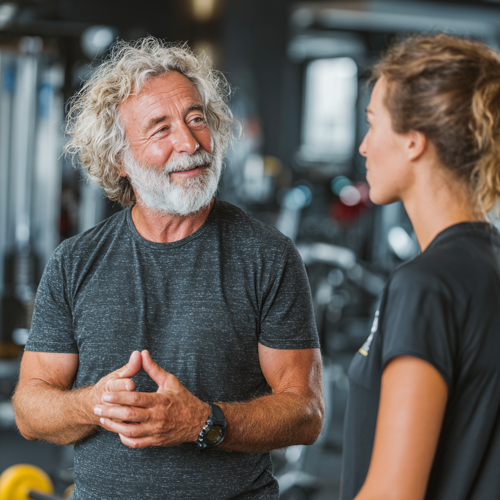 Тренер віком 58 років проводить індивідуальну консультацію з клієнтом у фітнес-залі, пояснюючи техніку виконання вправ
