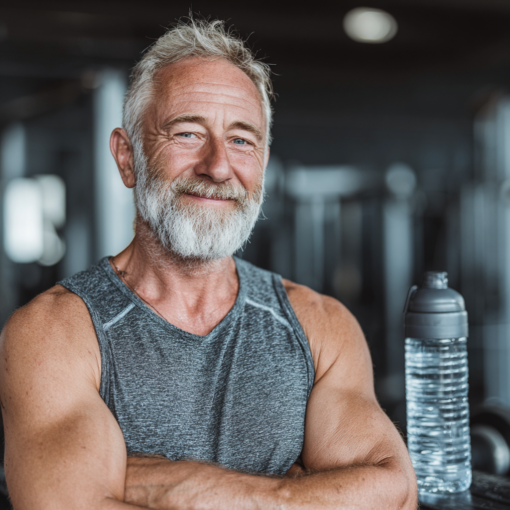 Чоловік віком 59 років після тренування в залі, усміхається та демонструє задоволення від досягнутих результатів